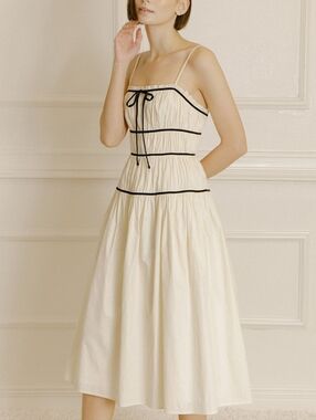 Storia Cottagecore Coquette Midi Dress Cream Black Trim Pockets Sz M